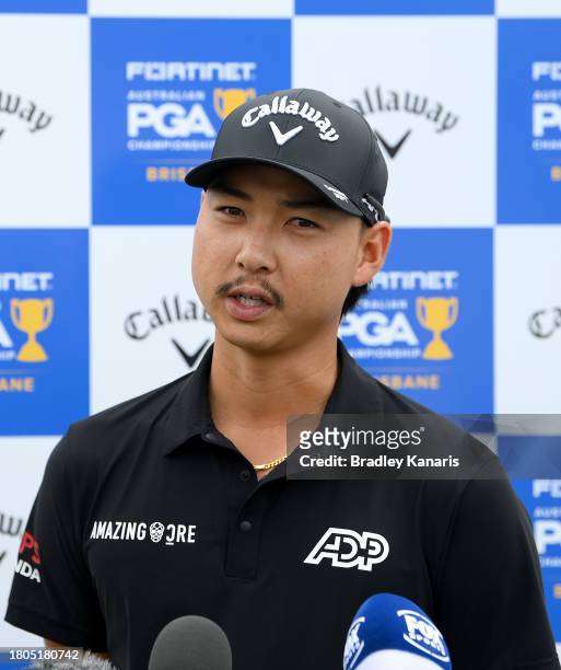 Min Woo Lee speaks at a media opportunity ahead of the 2023 Australian PGA Championship at Royal Queensland Golf Club on November 21, 2023 in...