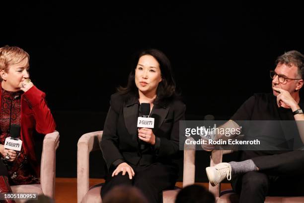Catherine Smith, Miho Suzuki and Geraud Brisson speak onstage during Variety And Apple TV+ "Lessons In Chemistry" Screening, Q&A And Reception at...