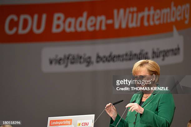 German Chancellor Angela Merkel gives a speech at a regional convention of her Christian Democratic Union party in Heilbronn, southwestern Germany,...