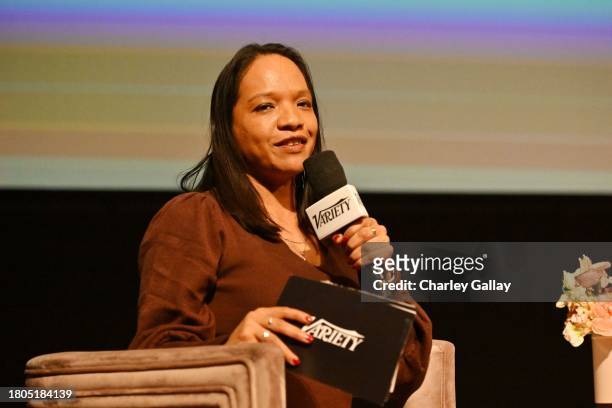 Moderator Jazz Tangcay, Senior Artisans Editor, Variety, speaks onstage during Variety And Apple TV+ "Lessons In Chemistry" Screening, Q&A And...