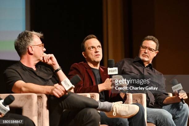 Geraud Brisson, Carlos Rafael Rivera and Perry Robertson speak onstage during Variety And Apple TV+ "Lessons In Chemistry" Screening, Q&A And...