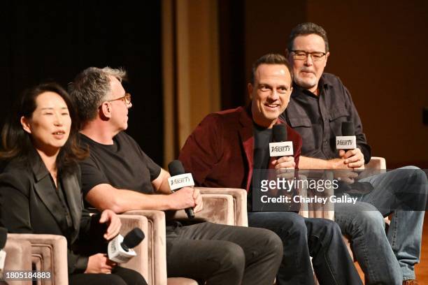 Miho Suzuki, Geraud Brisson, Carlos Rafael Rivera and Perry Robertson speak onstage during Variety And Apple TV+ "Lessons In Chemistry" Screening,...