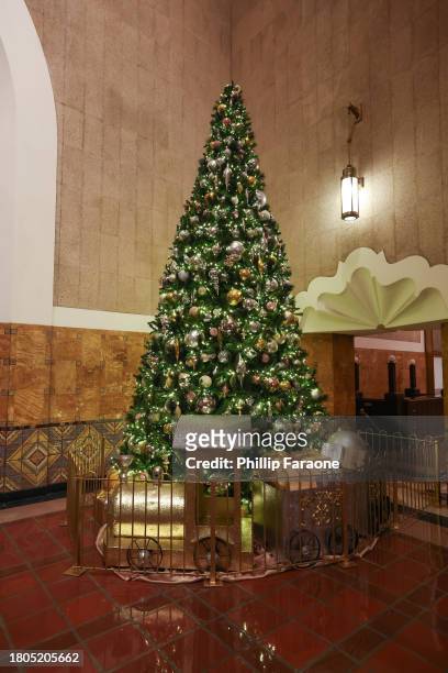 View of tree during the Los Angeles Union Station Tree Lighting Ceremony at Union Station on November 20, 2023 in Los Angeles, California.