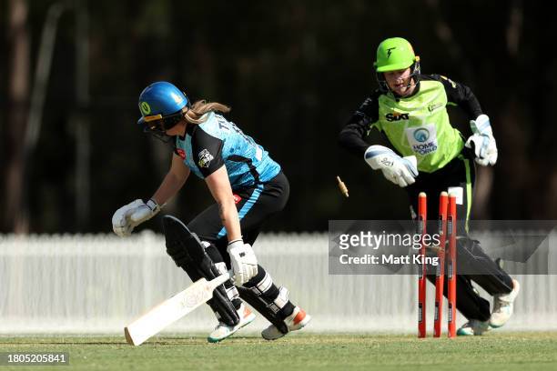 Amanda-Jade Wellington of the Strikers is stumped by ttduring the WBBL match between Sydney Thunder and Adelaide Strikers at Cricket Central, on...