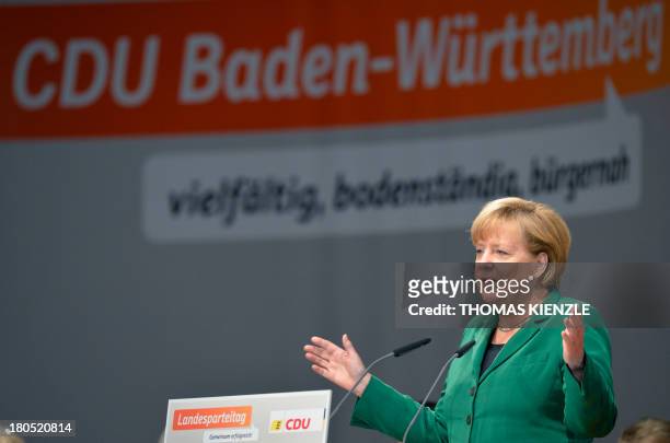 German Chancellor Angela Merkel gives a speech during a regional convention of her Christian Democratic Union party in Heilbronn, southwestern...