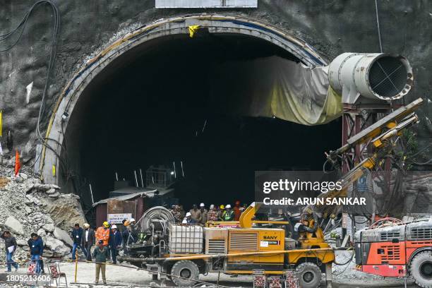 Principal Secretary to the Prime Minister of India, Pramod Kumar Mishra arrives to review the rescue of workers trapped beneath the collapsed under...