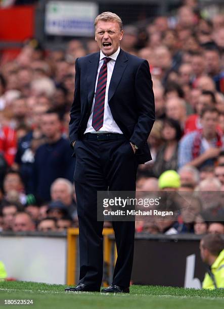 David Moyes manager of Manchester United gives instructions during the Barclays Premier League match between Manchester United and Crystal Palace at...