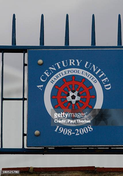 The Hartlepool logo is displayed on a fence before the Sky Bet League Two match between Hartlepool United and Accrington Stanley at Victoria Park on...