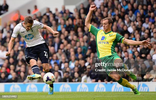 Gylfi Sigurosson of Spurs scores the opening past Steven Whittaker of Norwich City during the Barclays Premier League match between Tottenham Hotspur...