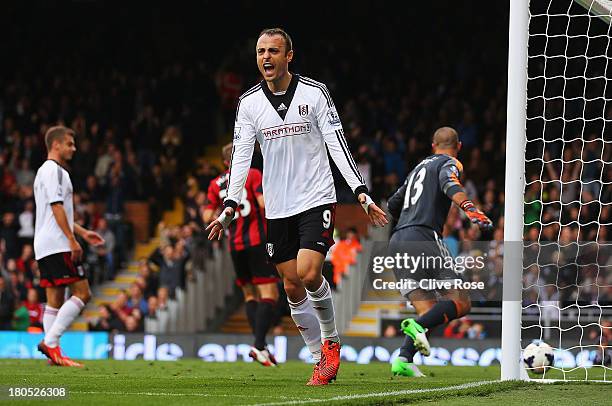 Dimitar Berbatov of Fulham reacts after his goal was disallowed during the Barclays Premier League match between Fulham and West Bromwich Albion at...