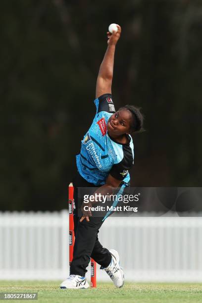 Anesu Mushangwe of the Strikers bowls during the WBBL match between Sydney Thunder and Adelaide Strikers at Cricket Central, on November 21 in...