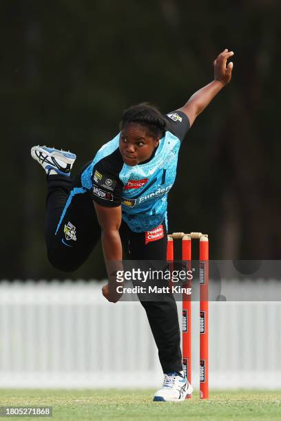 Anesu Mushangwe of the Strikers bowls during the WBBL match between Sydney Thunder and Adelaide Strikers at Cricket Central, on November 21 in...