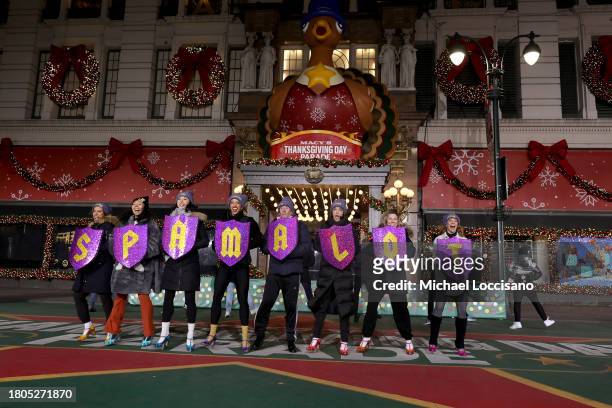 Cast members from "Spamalot" perform during day one of 97th Macy's Thanksgiving Day Parade rehearsals at Macy's Herald Square on November 20, 2023 in...
