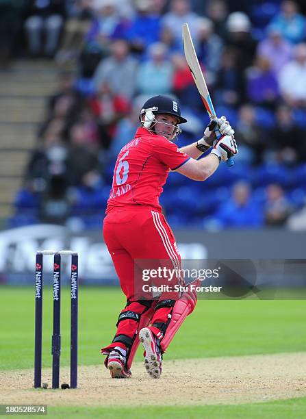 England batsman Eoin Morgan picks up some runs during the 4th NatWest Series ODI between England and Australia at SWALEC Stadium on September 14,...