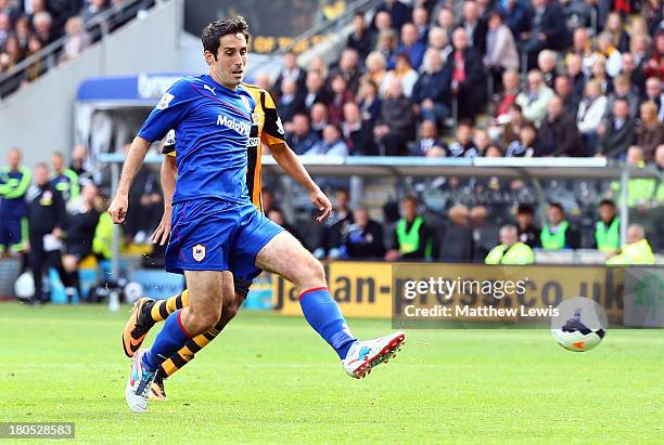 Peter Whittingham of Cardiff City scores their first goal during the Barclays Premier League match between Hull City and Cardiff City at KC Stadium...