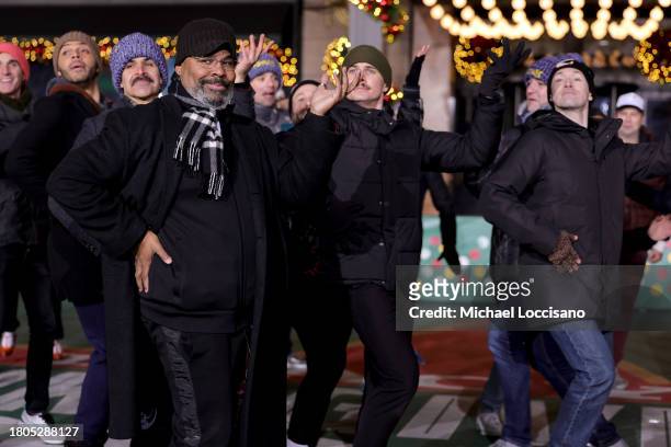 James Monroe Iglehart and cast members from "Spamalot" perform during day one of 97th Macy's Thanksgiving Day Parade rehearsals at Macy's Herald...
