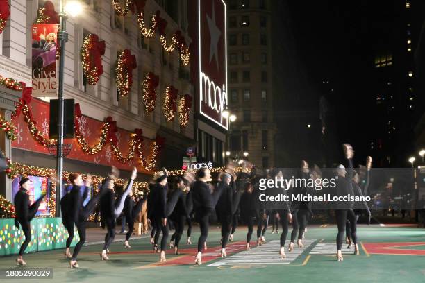 The Radio City Rockettes perform during day one of 97th Macy's Thanksgiving Day Parade rehearsals at Macy's Herald Square on November 20, 2023 in New...