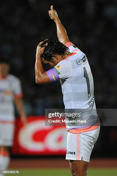 Hisato Sato of Sanfrecce Hiroshima reacts during the J.League match between Kawasaki Frontale and Sanfrecce Hiroshima at Todoroki Stadium on...