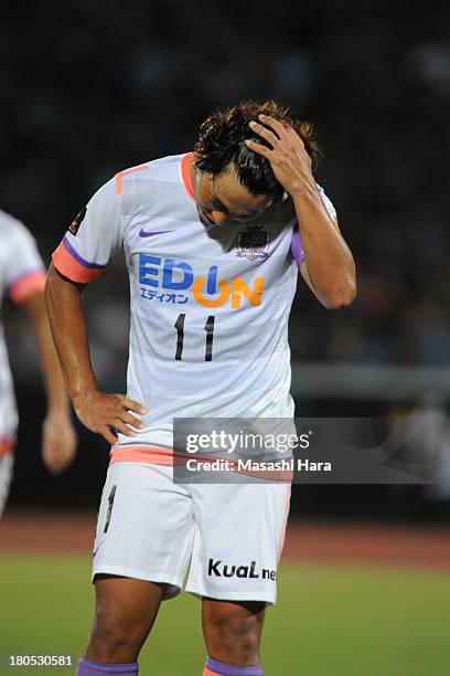 Hisato Sato of Sanfrecce Hiroshima reacts during the J.League match between Kawasaki Frontale and Sanfrecce Hiroshima at Todoroki Stadium on...