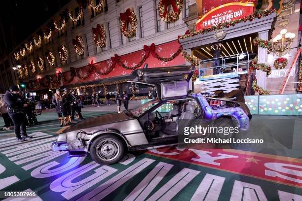 DeLorean car is used as a prop during "Back to the Future: The Musical" day one of 97th Macy's Thanksgiving Day Parade rehearsals at Macy's Herald...
