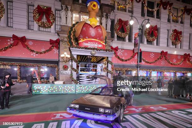 DeLorean car is used as a prop during "Back to the Future: The Musical" day one of 97th Macy's Thanksgiving Day Parade rehearsals at Macy's Herald...