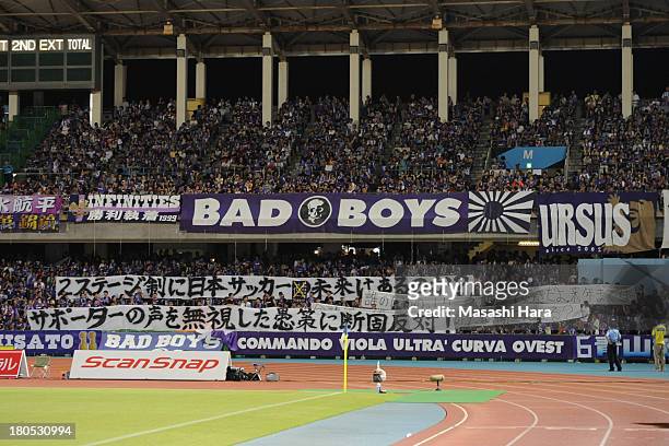 Sanfrecce Hiroshima supporters hold messages for J.League prior to the J.League match between Kawasaki Frontale and Sanfrecce Hiroshima at Todoroki...