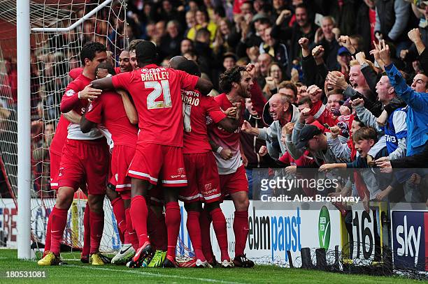 Leyton Orient players celebrate Kevin Lisbie's winning goal during the Sky Bet League One match between Leyton Orient and Port Vale at Brisbane Road...