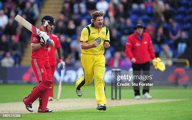 Australia bowler Shane Watson celebrates after bowling England batsman Eoin Morgan during the 4th NatWest Series ODI between England and Australia at...