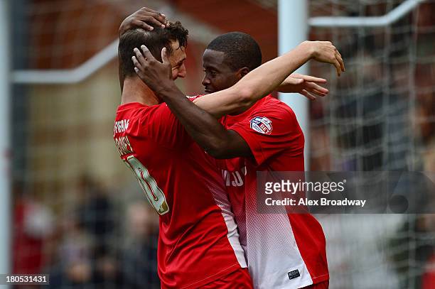 Kevin Lisbie of Leyton Orient celebrates his winning goal with teammate David Rooney during the Sky Bet League One match between Leyton Orient and...