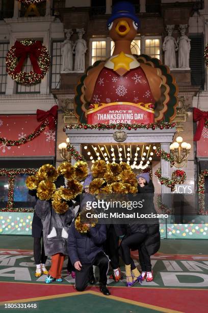 David Josefsberg and cast members of "Spamalot" performduring day one of 97th Macy's Thanksgiving Day Parade rehearsals at Macy's Herald Square on...