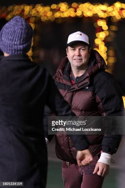Taran Killam performs "Spamalot" during day one of 97th Macy's Thanksgiving Day Parade rehearsals at Macy's Herald Square on November 20, 2023 in New...