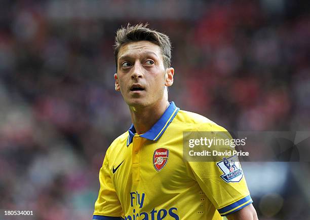 Mesut Oezil of Arsenal during the Barclays Premier League match between Sunderland and Arsenal at Stadium of Light on September 14, 2013 in...