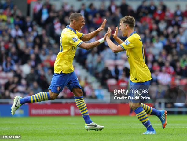 Aaron Ramsey celebrates scoring Arsenal's 2nd goal his 1st with Kieran Gibbs during the Barclays Premier League match between Sunderland and Arsenal...