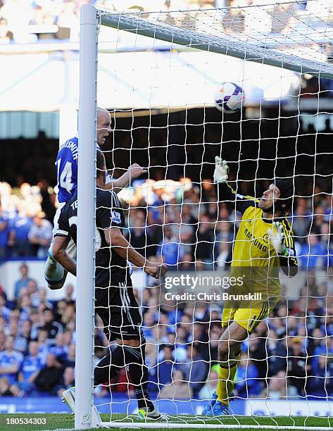 Steven Naismith of Everton scores the opening goal during the Barclays Premier League match between Everton and Chelsea at Goodison Park on September...