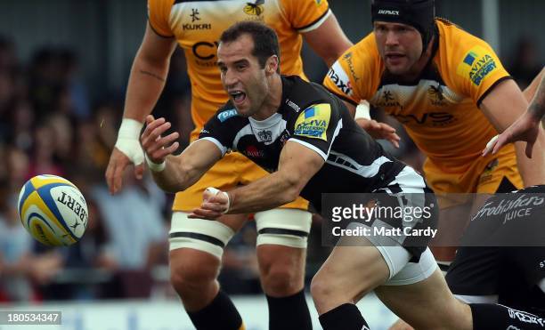 Haydn Thomas of Exeter Chief looks to pass during the Aviva Premiership match between Exeter Chiefs and London Wasps at Sandy Park on September 14,...