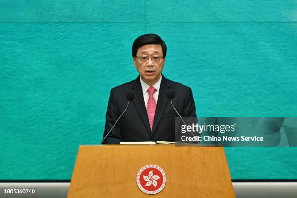 Hong Kong Chief Executive John Lee Ka-chiu speaks to the media ahead of an Executive Council meeting on November 21, 2023 in Hong Kong, China.