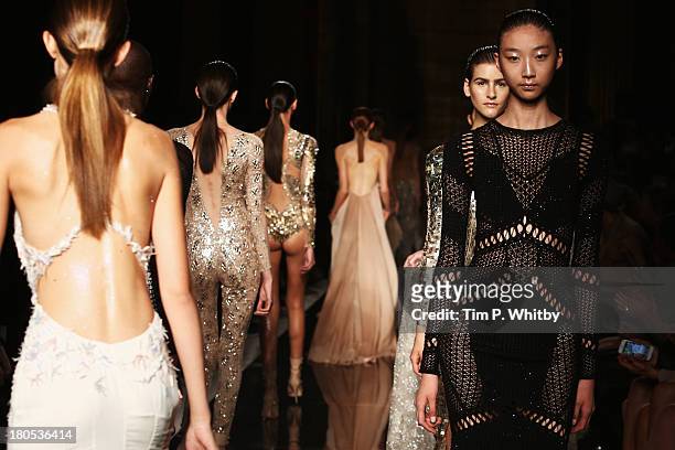 Models walk the runway at the Julien Macdonald show during London Fashion Week SS14 at Goldsmiths' Hall on September 14, 2013 in London, England.
