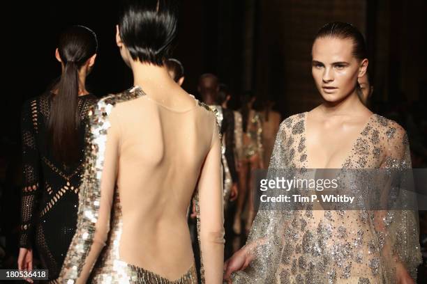 Models walk the runway at the Julien Macdonald show during London Fashion Week SS14 at Goldsmiths' Hall on September 14, 2013 in London, England.
