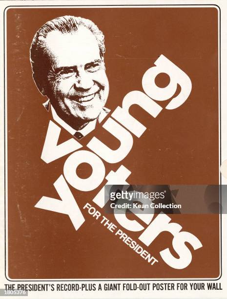 Cover of poster brochure promoting the reelection campaign of Republican president Richard M. Nixon, sponsored by 'Young Voters For the President,'...