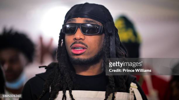 Quavo attends Quavo Cares presents "Huncho Farms" Hosted By Quavo & Urban Recipe in Atlanta Community Ahead of Thanksgiving on November 20, 2023 in...