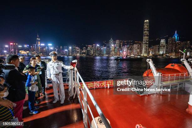 Students from Dalian Maritime University introduce the Yukun training ship to the visitors as part of the celebrations of the Hong Kong Maritime Week...