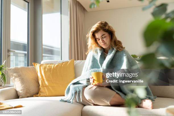 woman wrapped in blanket drinking tea in the living room - tee warmes getränk stock-fotos und bilder