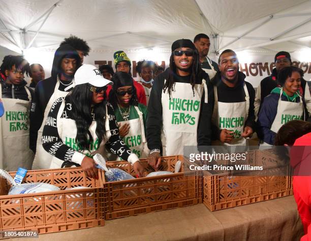 Edna Marshall, Quavo and Rel attend "Huncho Farms" hosted by Quavo Cares & Urban Recipe in Atlanta Community ahead of Thanksgiving on November 20,...