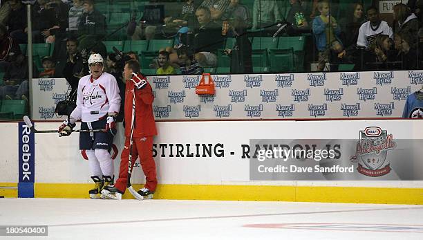 Assistant Coach Calle Johansson talks with Alexander Ovechkin both of the Washington Captials at Yardman Arena during Kraft Hockeyville Day 2 on...