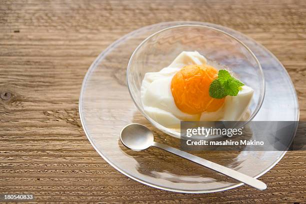 almond jelly with apricot compote - almond jelly stock pictures, royalty-free photos & images