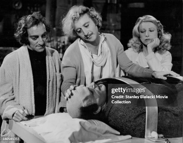 Actors Gene Wilder, Peter Boyle, Marty Feldman and Teri Garr in a scene from the movie 'Young Frankenstein', 1974.