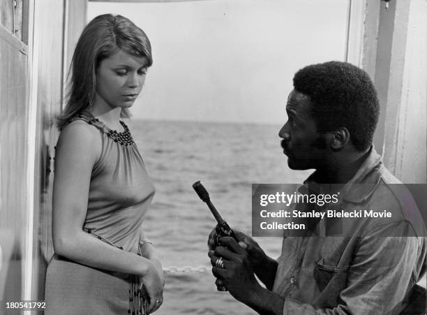 Actors Richard Roundtree and Neda Arneric in a scene from the movie 'Shaft in Africa', 1973.