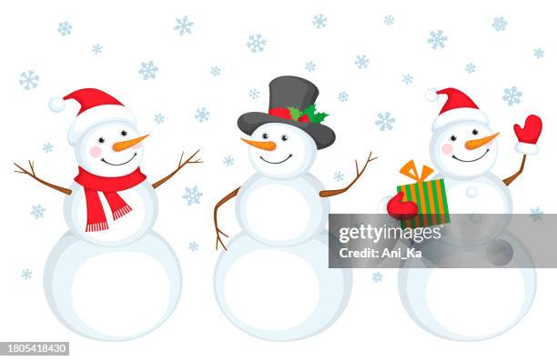 set von weihnachtsschneemännern - schneemann stock-grafiken, -clipart, -cartoons und -symbole