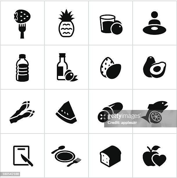 black healthy eating icons - fruit juice bottle stock illustrations