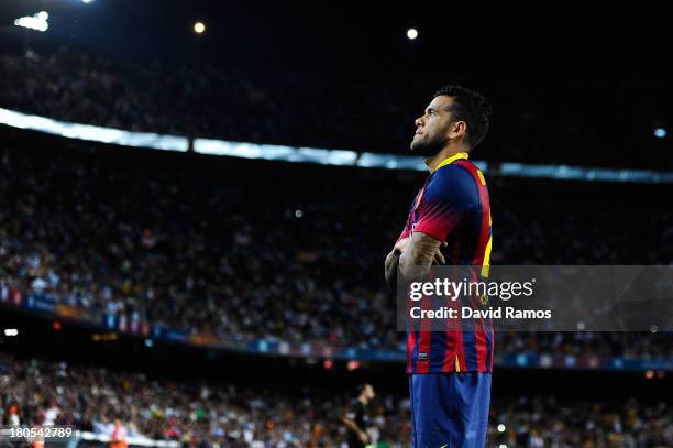 Dani Alves of FC Barcelona reacts after scoring the opening goal the La Liga match between FC Barcelona and Sevilla FC at Camp Nou on September 14,...